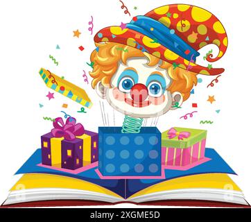 Farbenfroher Clown, der aus einem offenen Buch auftaucht Stock Vektor