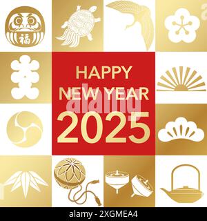 Das Symbol für die Neujahrsgrüße des Jahres 2025 mit japanischen Vintage-Glücksbringern. Vektorillustration isoliert auf weißem Hintergrund. Stock Vektor