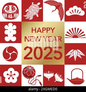Das Symbol für die Neujahrsgrüße des Jahres 2025 mit japanischen Vintage-Glücksbringern. Vektorillustration isoliert auf weißem Hintergrund. Stock Vektor