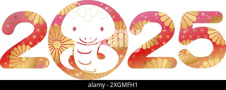 Das Jahr 2025, das Jahr der Schlange, Silvester-Grußsymbol mit japanischen Vintage-Mustern. Stock Vektor