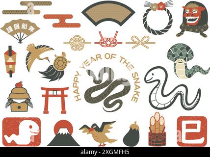 The Year of the Snake Vector Japanese Vintage Neujahrsgrüße Set. Kanji Übersetzung - Schlange, Vermögen, Glücksbeutel, Happy New Year. Stock Vektor