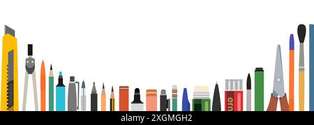 Schreibwarenrahmen. Werkzeuge für Büro- und Kunstarbeit. Bleistifte, Marker, Pinsel. Stock Vektor