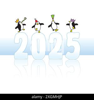 Vier Happy Party-Pinguine tragen Papierhüte, die auf der Eisskulptur des Jahres 2025 tanzen Stock Vektor
