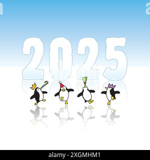 Vier Happy Party-Pinguine mit Papierhüten tanzen vor der Eisskulptur des Jahres 2025 Stock Vektor