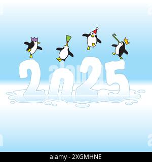 Vier Happy Party-Pinguine mit Papierhüten tanzen auf der Eisskulptur des Jahres 2025, die aufgrund der globalen Erwärmung langsam schmilzt Stock Vektor