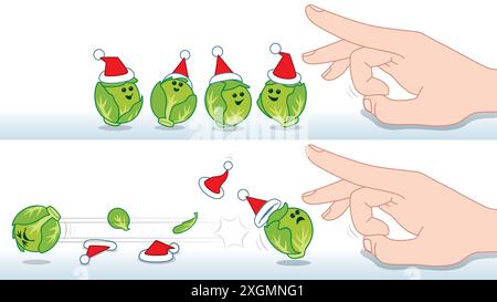 Vor und nach der Aktion einer Gruppe glücklicher grüner Rosenkohl, die Santa Hats tragen und von einem Finger geschnickt werden Stock Vektor