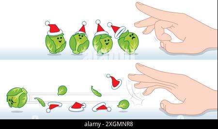 Vor und nach der Aktion einer Gruppe von Happy Green Brussel-Sprossen, die Santa Hats tragen, die von einem Finger geschnickt werden Stock Vektor