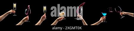 Frauenhände, die Cocktails, Champagner- und Biergläser auf schwarzem Hintergrund halten Stockfoto