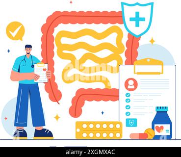 Vektor-Illustration eines Proktologen oder Kolonoskopie mit einem Arzt, der den Darm untersucht und schädliche Bakterien in einem flachen Stil Cartoon Hintergrund zeigt Stock Vektor