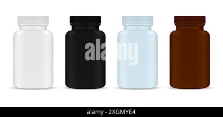 Ergänzungsflasche. Arzneimitteltablette, Plastikblank. Vitaminkapselbehälternaht. Pharmazeutische Arzneimitteltablette Packung mit Kappe, Antibiotikum Aspirin. Spo Stock Vektor