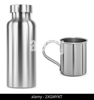 Wasserflasche aus Edelstahl mit Becher aus Metall. Wiederverwendbare Thermoflaschenschablone für Camping und Sport. Reisebecher aus Aluminium für Werbung Stock Vektor