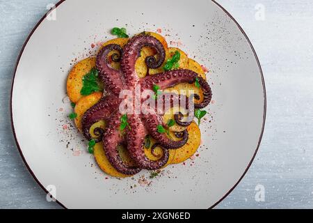 Oktopus mit Kartoffeln und Gewürzen, auf einer Leuchtplatte, Draufsicht, keine Leute, hausgemacht, Nahaufnahme Stockfoto