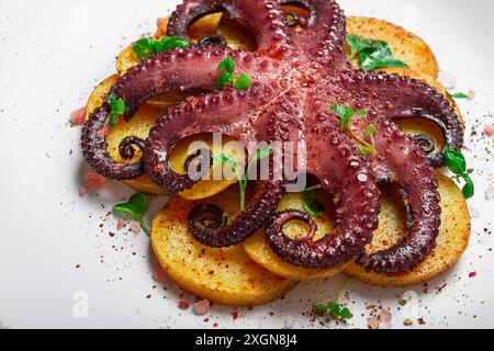 Oktopus mit Kartoffeln und Gewürzen, auf einer Leuchtplatte, Draufsicht, keine Leute, hausgemacht, Nahaufnahme Stockfoto