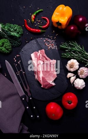 Rohes Schweinefleisch, auf einem Holzbrett, Nahaufnahme, vertikal, keine Leute, selektiver Fokus, getönt, serviert, in Scheiben geschnitten Stockfoto