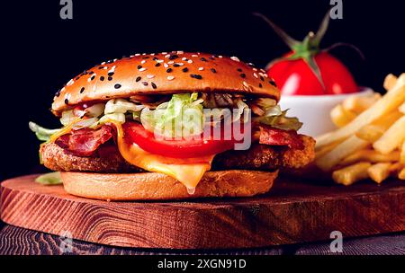 Burger mit Hähnchenkotelett, gebratenem Speck und Gemüse, Pommes Frites, Glas Bier, auf einem Holzbrett, keine Leute, horizontal Stockfoto