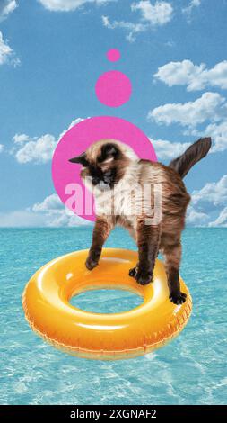 Reinrassige verspielte Katze, die in farbenfrohe schwimmende Ringe im transparenten türkisfarbenen Meer unter klarem blauen Himmel springt. Zeitgenössische Kunstcollage. Stockfoto