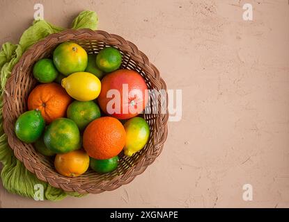 Sortiment, Zitrusfrüchte, im Korb, Nahaufnahme, Draufsicht, keine Personen Stockfoto