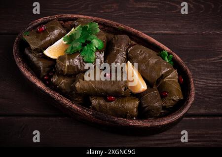 Dolma (Tolma) gefüllte Brötchen, Hackfleisch mit Reis, in Traubenblättern, Blick von oben, keine Leute, Nahaufnahme Stockfoto