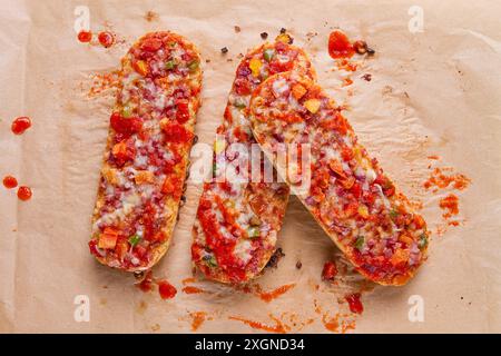 Pizza auf einem Baguette, Blick von oben, Nahaufnahme, keine Leute, Fast Food, Street Food Stockfoto