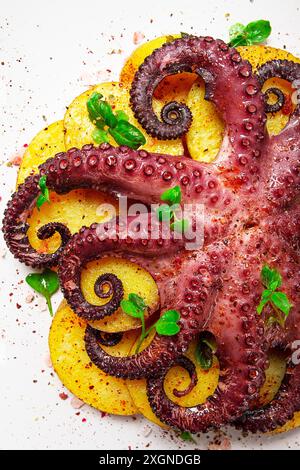 Oktopus mit Kartoffeln und Gewürzen, auf einer Leuchtplatte, Draufsicht, keine Leute, hausgemacht, Nahaufnahme Stockfoto