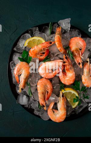 King Shrimps, ungeteilt, gekocht-gefroren, auf Eis, Draufsicht, selektiver Fokus, keine Menschen Stockfoto