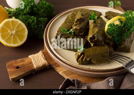 Dolma, Kohlbrötchen, Traubenblätter mit Füllung, weiße Soße, Zitrone und Kräuter, rustikal, selektiver Fokus, keine Personen Stockfoto