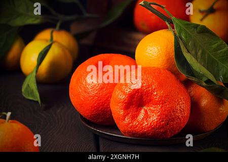 Frische Mandarinen mit Blättern, Nahaufnahme, auf einem Holztisch, waagerecht, keine Leute Stockfoto