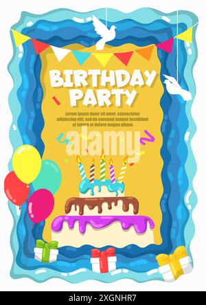 Geburtstagsfeier Grußkarte mit süßen Kuchen Dessert und brennende Kerzen, Ballons, Geschenk Geschenke Boxen Glückwunsch Text Cartoon Vektor illustratio Stock Vektor