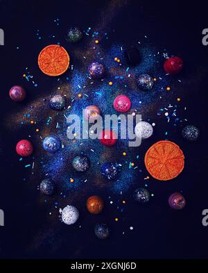 Lebensmittelhintergrund, Tapete, handgemachte Süßigkeiten, Nahaufnahme, Draufsicht, Struktur Sternenhimmel, Raum, vertikal, keine Leute Stockfoto