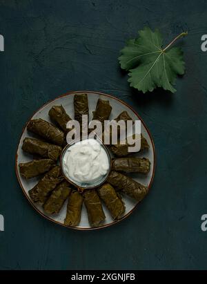 Dolma, Kohlbrötchen in Traubenblättern, traditionelles armenisches Gericht, mit weißer Sauce, Blick von oben, Nahaufnahme, selektiver Fokus Stockfoto