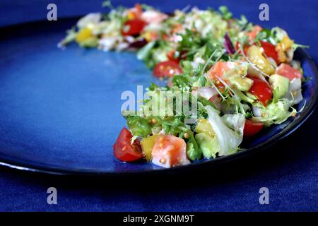 Ein farbenfroher, frischer Salat mit verschiedenen Gemüsesorten, einschließlich Tomaten, Salat und Avocado auf einer blauen Platte Stockfoto