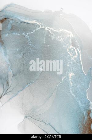 Abstrakte Kunst in einer coolen Farbpalette mit fließenden, wirbelnden Linien und Blau-, Grau- und Weißtönen Stockfoto