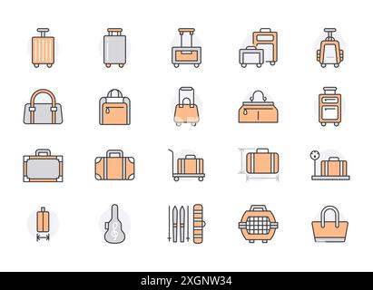 Symbole für die flache Linie des Gepäcks. Handgepäck, Hardside-Koffer, Rolltaschen, Haustierträger, Reiserucksack. Abmessungen und Gewicht des Gepäcks dünne, lineare Schilder Stock Vektor