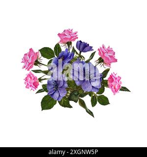 Aquarellblume Illustration. Blumenzusammensetzung aus Blumenanemonen und Rosen Stockfoto