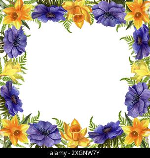 Wunderschöner quadratischer Rahmen aus Narzissen und Anemonen. Eine Aquarellblume, eine handgezeichnete Blumenillustration auf weißem Hintergrund. Stockfoto