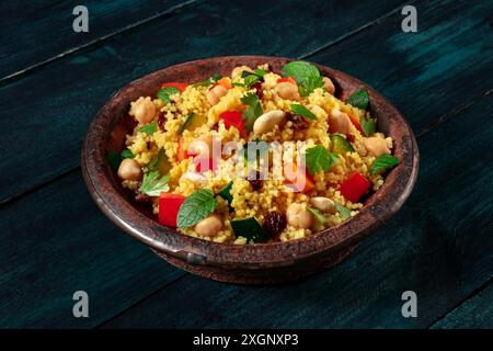 Couscous im traditionellen Tagine, mit Gemüse und Kräutern, auf einem dunklen rustikalen Holzhintergrund Stockfoto