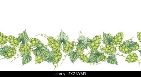 Hüpft und hinterlässt einen nahtlosen Rand in Aquarell. Grüner humulus lupulus wiederholt Muster-Banner für Oktoberfest, St. Patricks Day, Bieretiketten, Brauereikunst. Hopfenkegel Clipart für Festival, Flyer Stockfoto