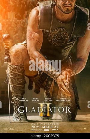 Gladiator II (2024) von Ridley Scott mit Joseph Quinn, Connie Nielsen und Paul Mescal. Nachdem seine Heimat von den tyrannischen Kaisern erobert wurde, die heute Rom führen, ist Lucius gezwungen, das Kolosseum zu betreten und muss auf seine Vergangenheit schauen, um Kraft zu finden, um den Ruhm Roms seinem Volk zurückzugeben. US Advance Poster ***NUR FÜR REDAKTIONELLE ZWECKE***. Quelle: BFA / Paramount Pictures Stockfoto
