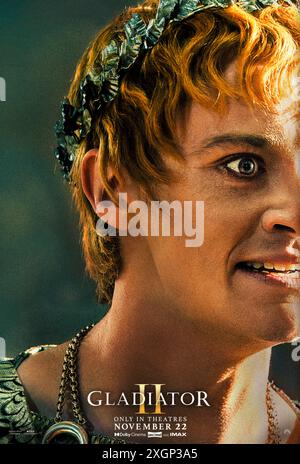 Gladiator II (2024) von Ridley Scott mit Joseph Quinn als Kaiser Geta. Nachdem seine Heimat von den tyrannischen Kaisern erobert wurde, die heute Rom führen, ist Lucius gezwungen, das Kolosseum zu betreten und muss auf seine Vergangenheit schauen, um Kraft zu finden, um den Ruhm Roms seinem Volk zurückzugeben. Poster mit US-Zeichen ***NUR FÜR REDAKTIONELLE ZWECKE***. Quelle: BFA / Paramount Pictures Stockfoto