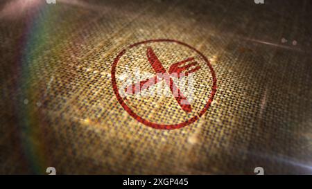 Auf Leinensack aufgedruckter Stempel für Messer und Gabel. Bar-Schild und Restaurant-Symbol-Konzept. Stockfoto