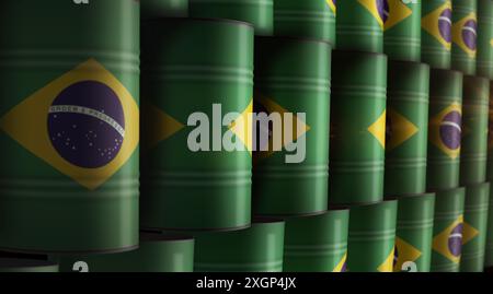 Brasilianisches Öl Rohöl-Brennstofffässer in Row-Konzept. Brasilianisches Benzingeschäft und Industriecontainer für die Kraftstoffförderung 3D-Abbildung. Stockfoto