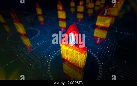 System-Hacking-Warnsymbol und Warnsymbol für Sicherheitsverstöße digitales Konzept. Netzwerk, Cybertechnologie und Computerhintergrund abstrakte 3D-Illustration. Stockfoto