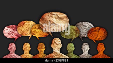 Vielfältige Kulturen, internationales Kommunikationskonzept. Menschliche Silhouette mit Sprechblasen Stockfoto