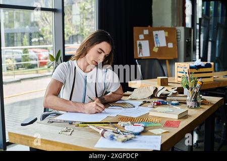 Ein junger schwuler Mann, der sich auf Nachhaltigkeit konzentriert, arbeitet in seinem Bekleidungsatelier und verwandelt weggeworfene Gegenstände in neue Kreationen. Stockfoto