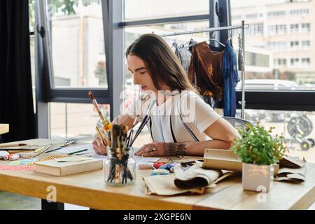 Ein junger Mann mit langen Haaren skizziert Entwürfe in seinem Heimwerkeratelier. Stockfoto