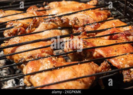 Nahaufnahme saftiger, gewürzter Hähnchenstücke, die auf einem Grill grillen und den köstlichen, rauchigen Geschmack der Outdoor-Küche einfangen. Stockfoto