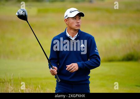 Gullane, Schottland, Großbritannien. Juli 2024. Pro am Übungstag bei den Genesis Scottish Open, der vom Donnerstag, 11. Juli bis 14. Juli auf dem Renaissance-Kurs vor Gullane in East Lothian beginnt. Bild; Colin Morikawa. Iain Masterton/Alamy Live News Stockfoto