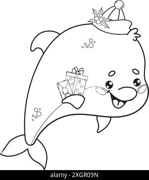 Süßer Weihnachtsdelfin mit Weihnachtsmütze mit Geschenkbox und Brief. Skizzieren Sie das Tier der Zeichentrickfigur. Linienzeichnung, Malbuch. Vektorillustraten Stock Vektor