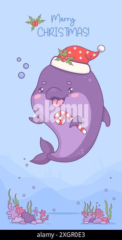 Weihnachtsdelfin mit Weihnachtsmütze und gestreiftem Zuckerrohr. Neues Jahr Vertikales Posterbanner mit Unterwasser-Urlaubs-Zeichentrickfilm Kawaii-Charaktertier. Fröhlich Stock Vektor