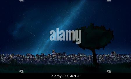 Stadtbild, Stadtgebäude bei Nacht. Stadt ​​skyline bei Nacht, Baum auf der Wiese. Nächtlicher Sternenhimmel. Dunkelblauer Stadtbild-Hintergrund Stock Vektor